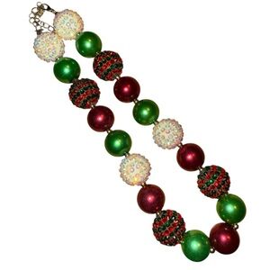 Festive Red Green Rhinestone Beaded Necklace 19” Holiday Statement Christmas